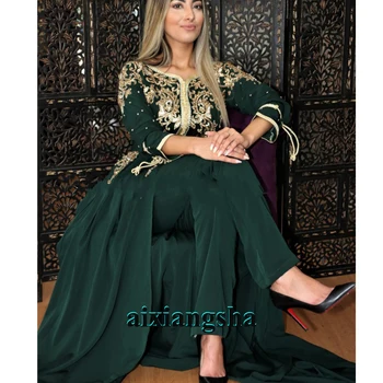 Aixiangsha Вечерни рокли Зелени марокански кафтан Разглобяем влаков колан Златни апликации Знаменитост роба De Soiree парти рокля