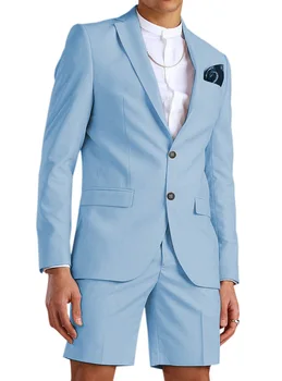 2 парчета ежедневни летни светло сини мъжки костюм къси панталони костюми Tuxedo младоженец плаж сватбена рокля костюм (Blazer + панталони)