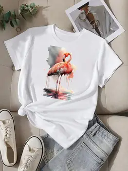 Фламинго акварел плаж тенденция къс ръкав дама O-образно деколте тениска облекло жени мода случайни печат отгоре графичен тениска