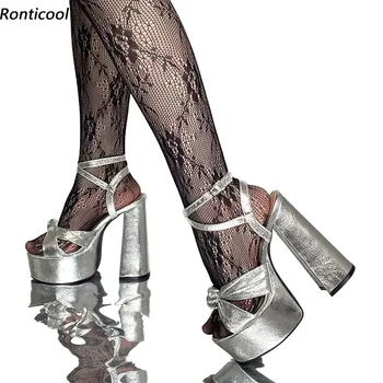 Ronticool ръчно изработени жени глезена каишка сандали възел буци токчета кръг Toe разкошен сребърен нощен клуб обувки дами САЩ размер 5-15