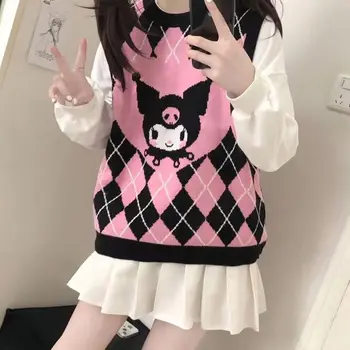 Новият колежански стил на Sanrio Kuromi диамантен плетен пуловер с дизайн на жилетка и контрастни цветове, съчетан с пуловер